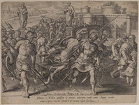 TvB G 0906
<br/>
Geschiedenis Medici: Giovanni te Rome omsingeld door gewapende mannen, verdedigt zichzelf
<br/>
<em>Galle, Philips (1537-1612)</em>